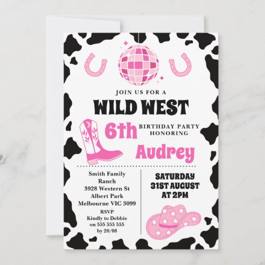 ホットピンクブラックワイルドウエスト女性のカーボーイ誕生日 招待状 (正面)
