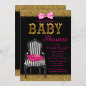 ホットピンクブラック金ゴールドプリンセスチェアベビーシャワー 招待状 (正面/裏面)