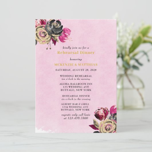 ホットピンクブラック金ゴールド牡丹リハーサルディナー 招待状 (スタンド正面)