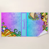 ホットピンクブルーウォーターカラーと晴れた日のドードル ビーチタオル (正面)