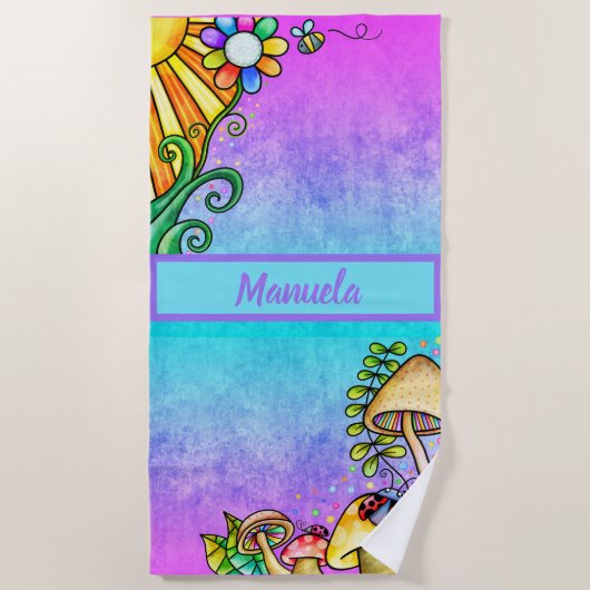 ホットピンクブルーウォーターカラーと晴れた日のドードル ビーチタオル (正面)