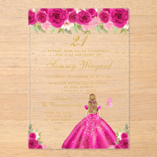 ホットピンクブロンドヘアプリンセス誕生日パーティー アクリル招待状 (正面)