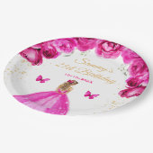 ホットピンクブロンドヘアプリンセス誕生日パーティー ペーパープレート (アングル)