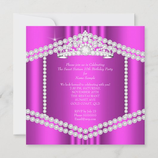ホットピンクプリンセススウィート16パーティーダイヤモンドトリム 招待状 (裏面)