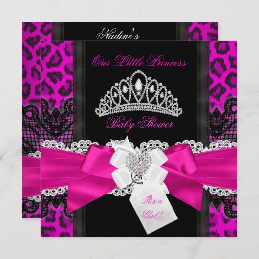 ホットピンクプリンセスベビーシャワーガールブラックヒョウ2 招待状 (正面/裏面)