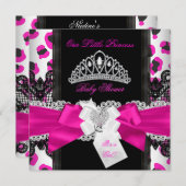 ホットピンクプリンセスベビーシャワーガールブラックヒョウ3 招待状 (正面/裏面)