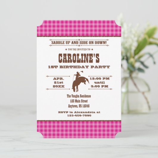 ホットピンクプレイドカウボーイロデオ誕生日招待状 招待状 (スタンド正面)