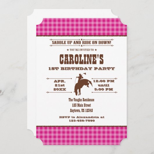 ホットピンクプレイドカウボーイロデオ誕生日招待状 招待状 (正面/裏面)
