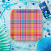 ホットピンクプレイドレトロインスパイアパターン紙プレート ペーパープレート (パーティー)