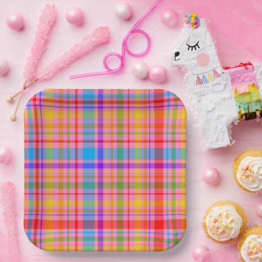 ホットピンクプレイドレトロインスパイアパターン紙プレート ペーパープレート (パーティー)