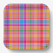 ホットピンクプレイドレトロインスパイアパターン紙プレート ペーパープレート (正面)