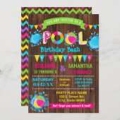 ホットピンクプール誕生日bash組み合わせ兄弟姉妹パーティー 招待状 (正面/裏面)