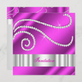 ホットピンクホワイトジュエルダイアモンズシルバー誕生日 招待状 (正面/裏面)