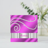 ホットピンクホワイトジュエルダイアモンズシルバー誕生日 招待状 (スタンド正面)