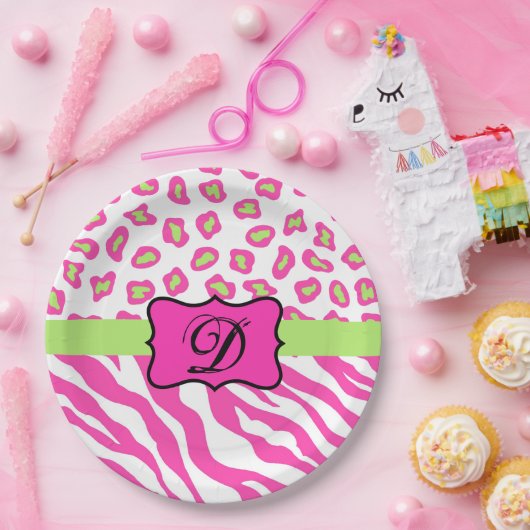 ホットピンクホワイトゼブラヒョウ皮モノグラムイニシャル ペーパープレート (パーティー)