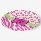 ホットピンクホワイトゼブラヒョウ皮モノグラムイニシャル ペーパープレート (アングル)