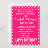ホットピンクホワイトドットパターンハッピーバースデー 招待状 (正面)