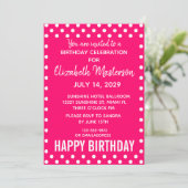 ホットピンクホワイトドットパターンハッピーバースデー 招待状 (スタンド正面)