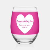 ホットピンクホワイトハートバレンタインデー ステムなしワイングラス (正面)