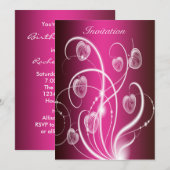 ホットピンクホワイトフラワーストリーマーバースデーパーティー 招待状 (正面/裏面)