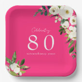 ホットピンクホワイトフローラ誕生日 ペーパープレート (正面)