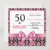 ホットピンクホワイトブラックダマスク50誕生日 招待状 (裏面)