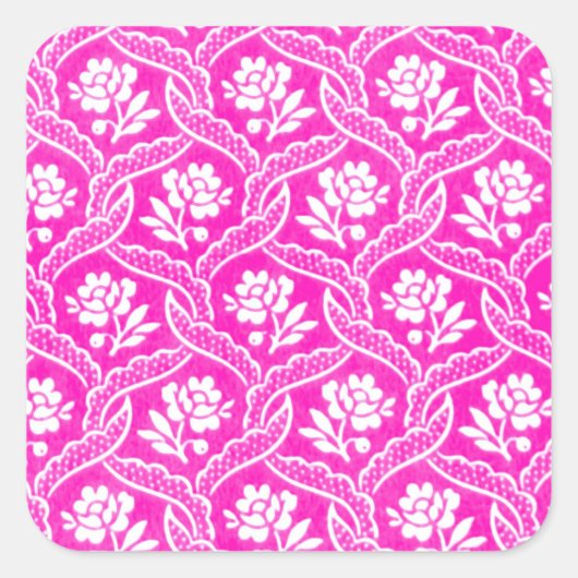ホットピンクホワイトヴィンテージフローラ壁紙 スクエアシール (正面)