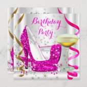 ホットピンクホワイト金ゴールドグリッターハイヒールシャンパン4 招待状 (正面/裏面)