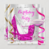 ホットピンクホワイト金ゴールドグリッターハイヒールピンク飲料 招待状 (正面/裏面)