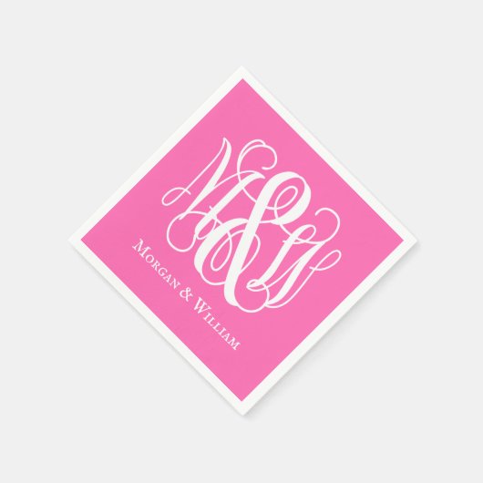 ホットピンクホワイトB&Gつる植物スクリプトモノグラムDIY BG スタンダードカクテルナプキン (角)
