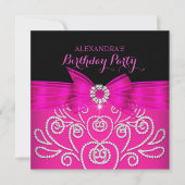 ホットピンクボウブラックダイフェイクアモンド誕生日パーティー 招待状 (正面)