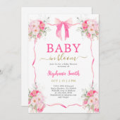 ホットピンクボウベビーイン開花ベビーシャワーガール 招待状 (正面/裏面)