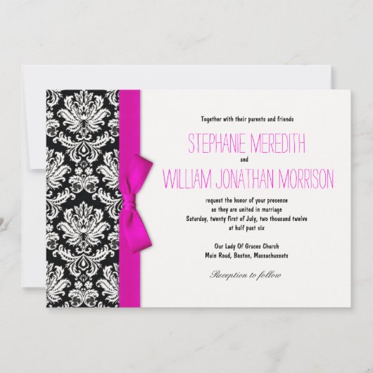 ホットピンクボウ付きダマスク結婚式招待状 招待状 (正面)