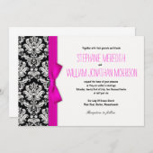 ホットピンクボウ付きダマスク結婚式招待状 招待状 (正面/裏面)