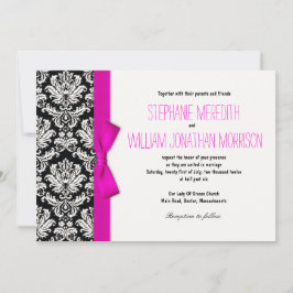 ホットピンクボウ付きダマスク結婚式招待状 招待状