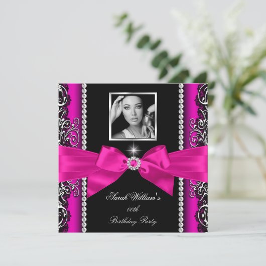 ホットピンクボウ誕生日パーティシルバーフォト 招待状 (スタンド正面)