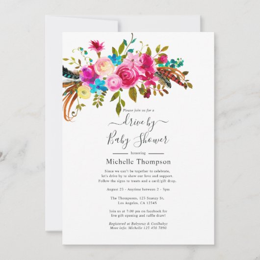 ホットピンクボホシックブライダルまたはベビーシャワーによるドライブ 招待状 (正面)