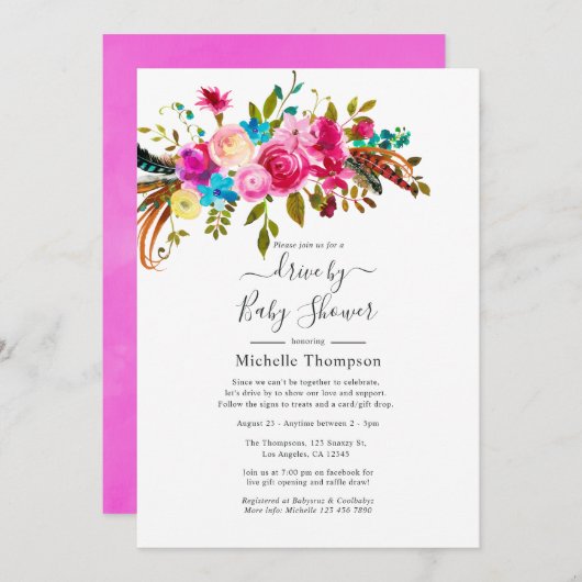ホットピンクボホシックブライダルまたはベビーシャワーによるドライブ 招待状 (正面/裏面)