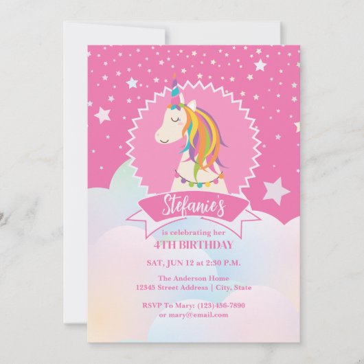 ホットピンクマジカルレインボーユニコーンガール誕生日 招待状 (正面)