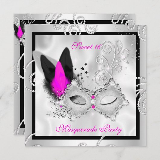 ホットピンクマスカレード甘い16パーティーマスクシルバー2 招待状 (正面/裏面)