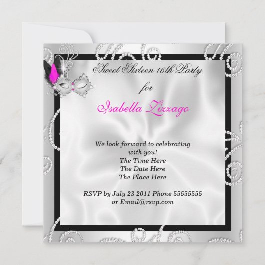 ホットピンクマスカレード甘い16パーティーマスクシルバー2 招待状 (裏面)