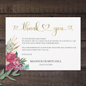 ホットピンクマゼンタフローラエレガント金ゴールドスクリプトハート サンキューカード