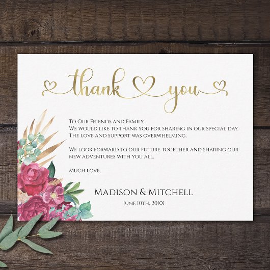 ホットピンクマゼンタフローラエレガント金ゴールドスクリプトハート サンキューカード