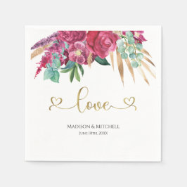 ホットピンクマゼンタフローラエレガント金ゴールドスクリプトハート スタンダードカクテルナプキン