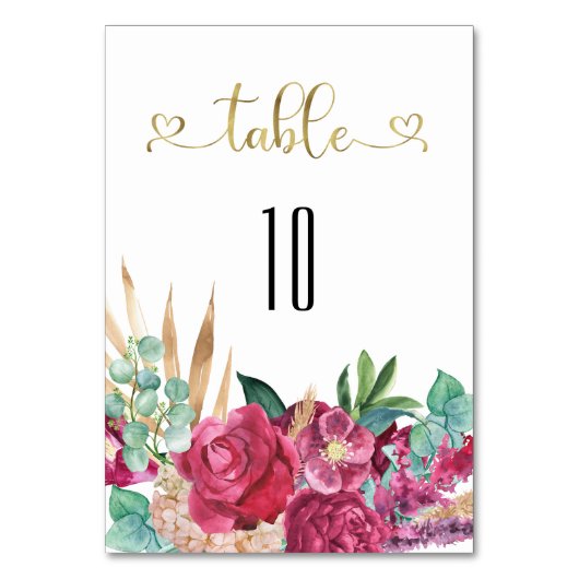 ホットピンクマゼンタフローラエレガント金ゴールドスクリプトハート テーブルナンバー (裏面)