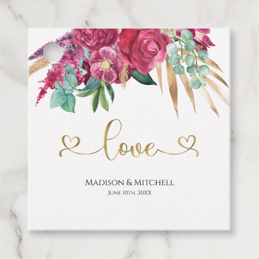 ホットピンクマゼンタフローラエレガント金ゴールドスクリプトハート フェイバータグ (正面)