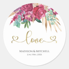 ホットピンクマゼンタフローラエレガント金ゴールドスクリプトハート ラウンドシール