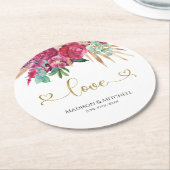 ホットピンクマゼンタフローラエレガント金ゴールドスクリプトハート ラウンドペーパーコースター (アングル)