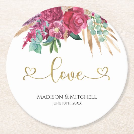 ホットピンクマゼンタフローラエレガント金ゴールドスクリプトハート ラウンドペーパーコースター (正面)