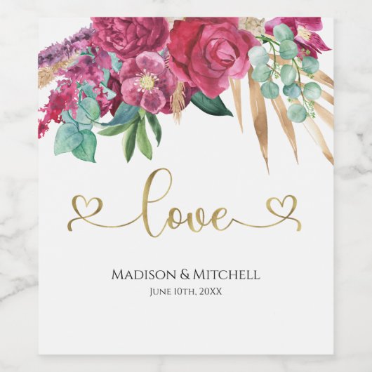 ホットピンクマゼンタフローラエレガント金ゴールドスクリプトハート ワインラベル (シングルラベル)